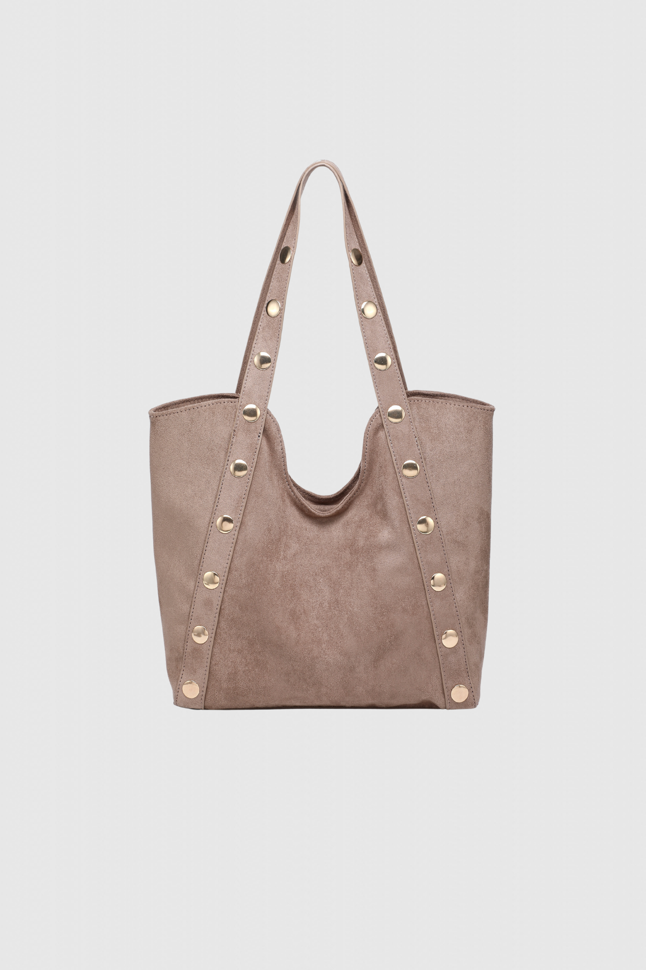 Sac shopper clouté élégant – Grand format polyvalent, en suède beige avec détails cloutés dorés, parfait pour un usage quotidien.