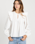 Vue détaillée d'une blouse plumetis coton blanc femme, mettant en avant le col et les plis, style élégant, blouse femme coton.