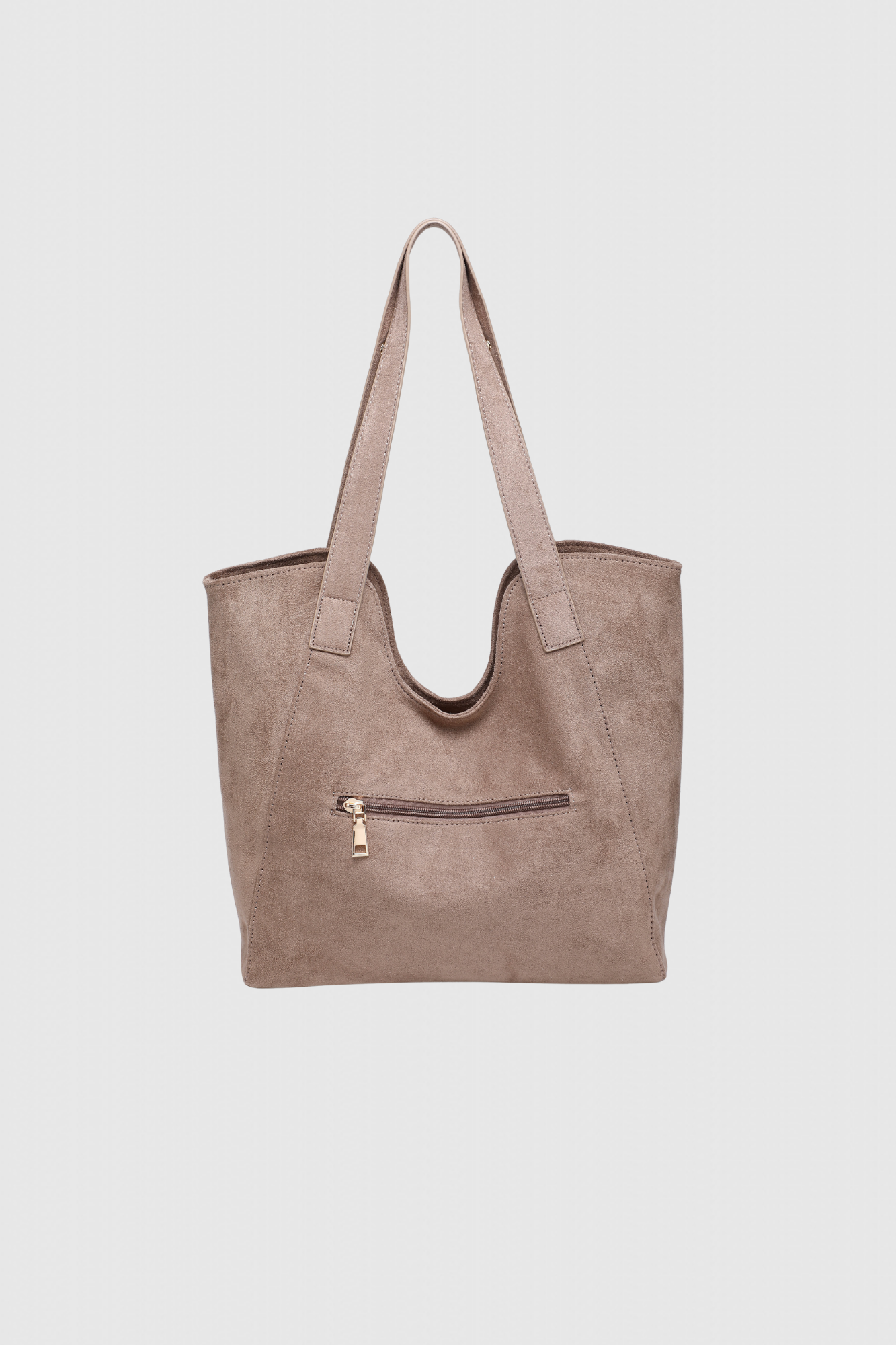 Sac shopper clouté élégant – Grand format polyvalent, arrière avec une fermeture éclair, en suède beige, pour un style chic.