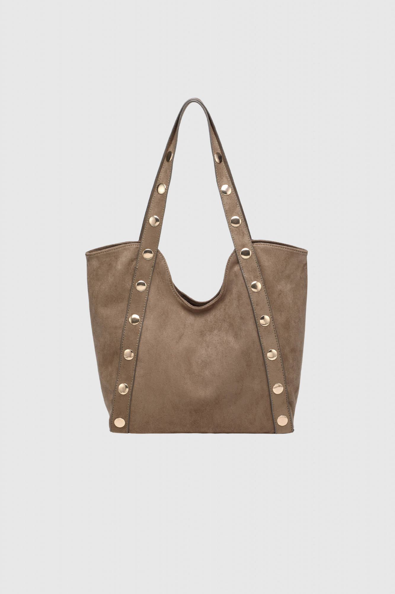 Sac shopper clouté élégant – Grand format polyvalent, en suède marron clair avec clous dorés, parfait pour le quotidien.