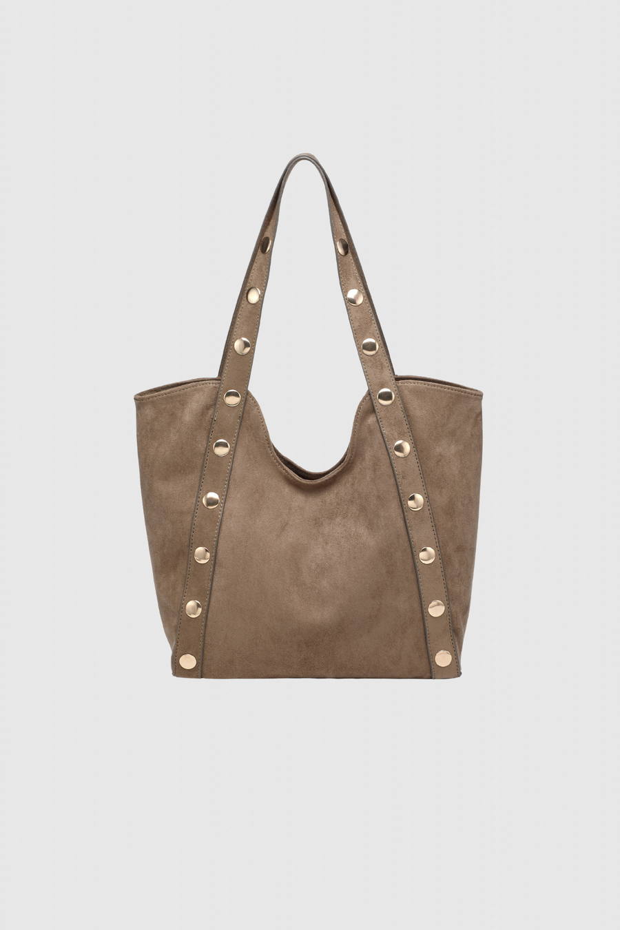 Sac shopper clouté élégant – Grand format polyvalent, en suède marron clair avec clous dorés, parfait pour le quotidien.