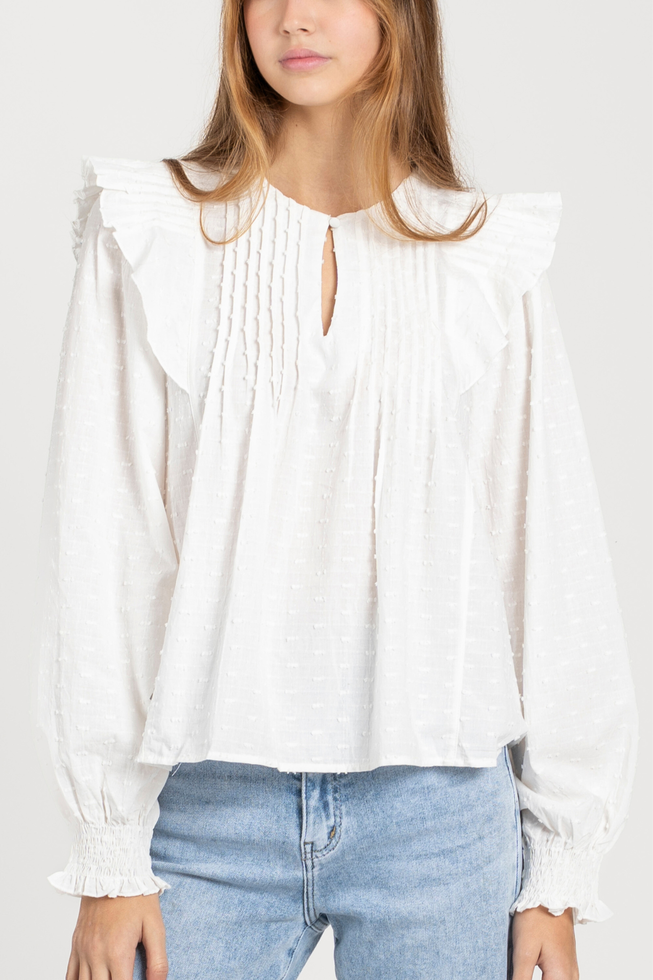 Zoom sur la blouse plumetis coton blanc femme, avec une coupe élégante et des détails raffinés, blouse femme coton.