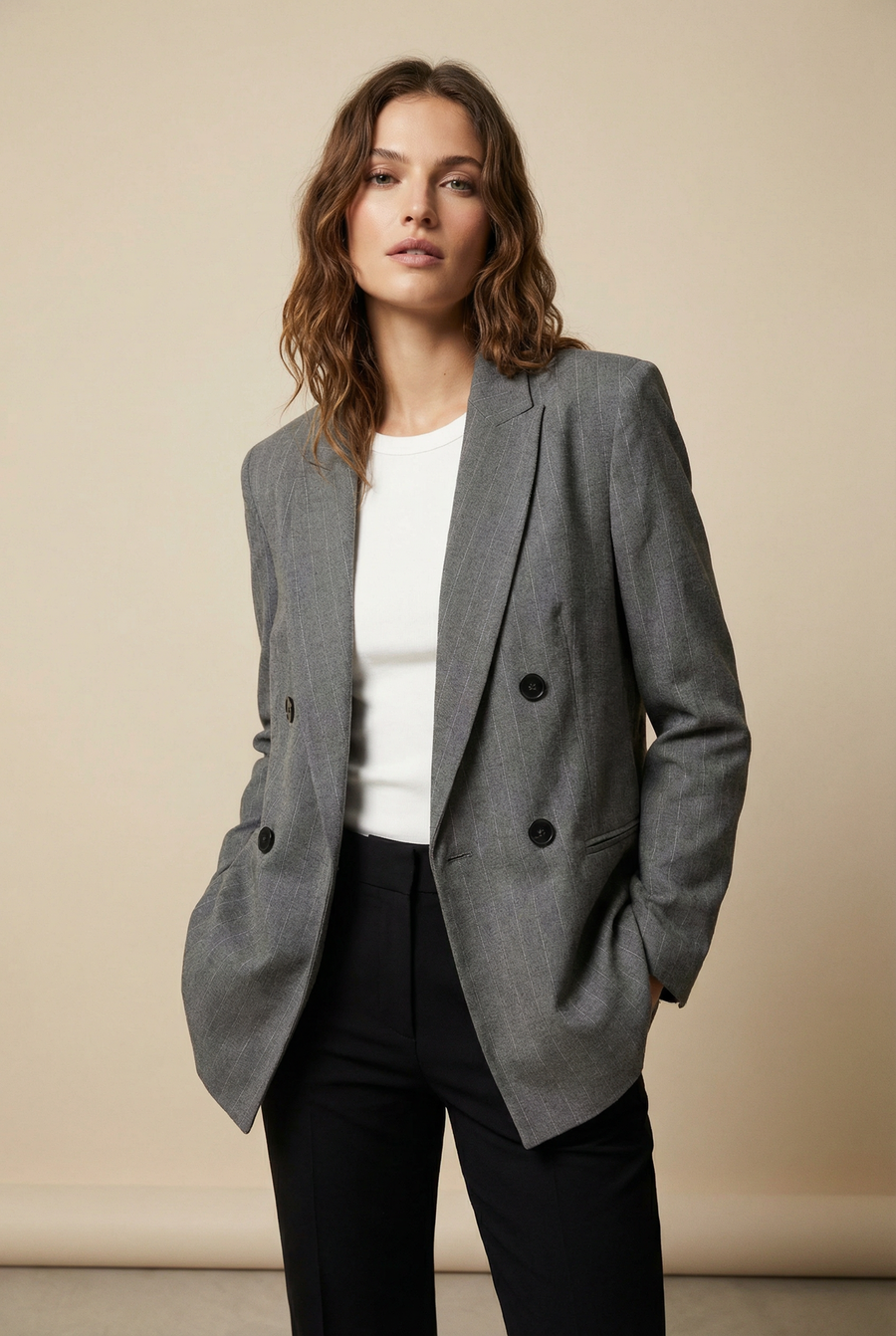 Blazer Femme Chic Gris À Rayures Fines look complet