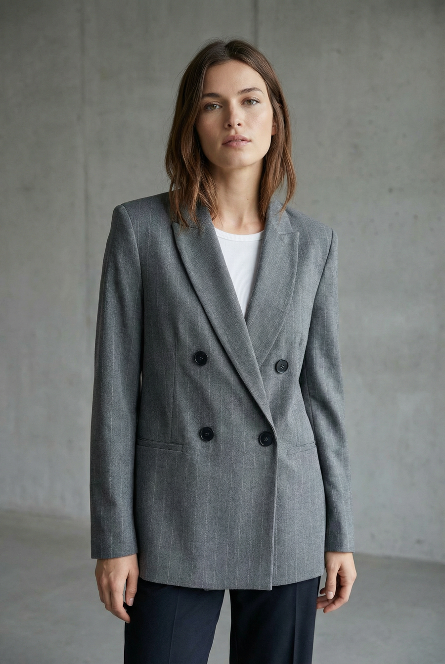 Blazer Femme Chic Gris À Rayures Fines vue portée