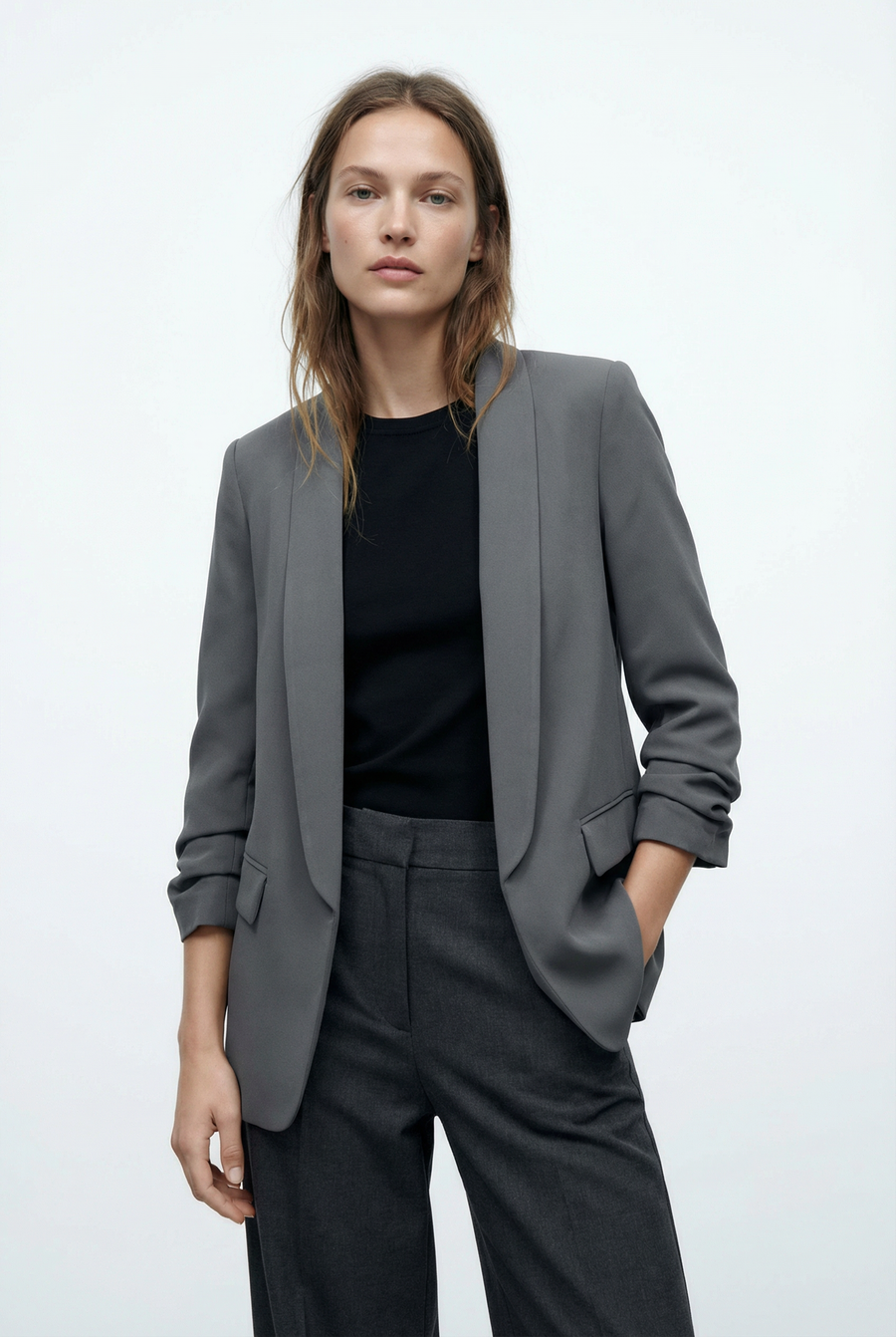 Blazer femme manches froncées élégant coupe droite structuré