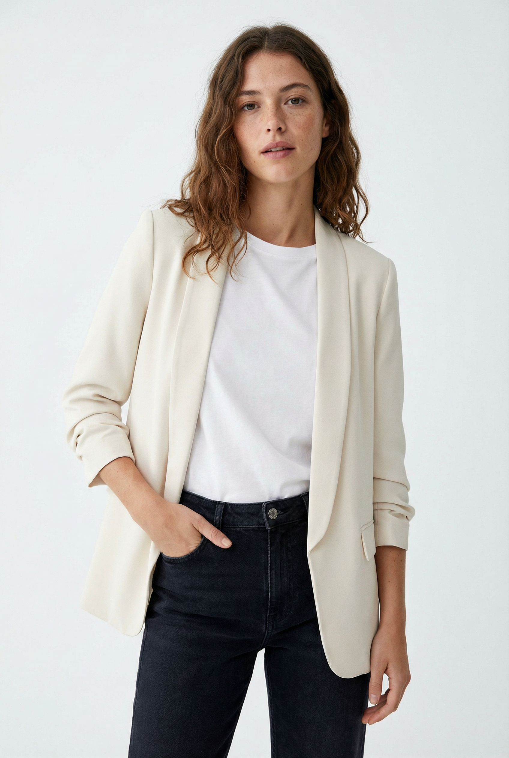 Blazer femme manches froncées élégant coupe droite structuré