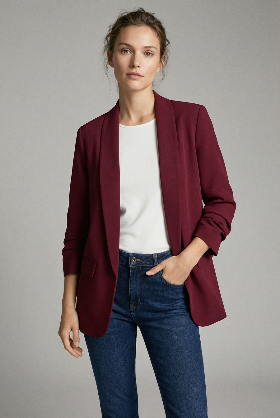 Blazer femme manches froncées élégant coupe droite structuré
