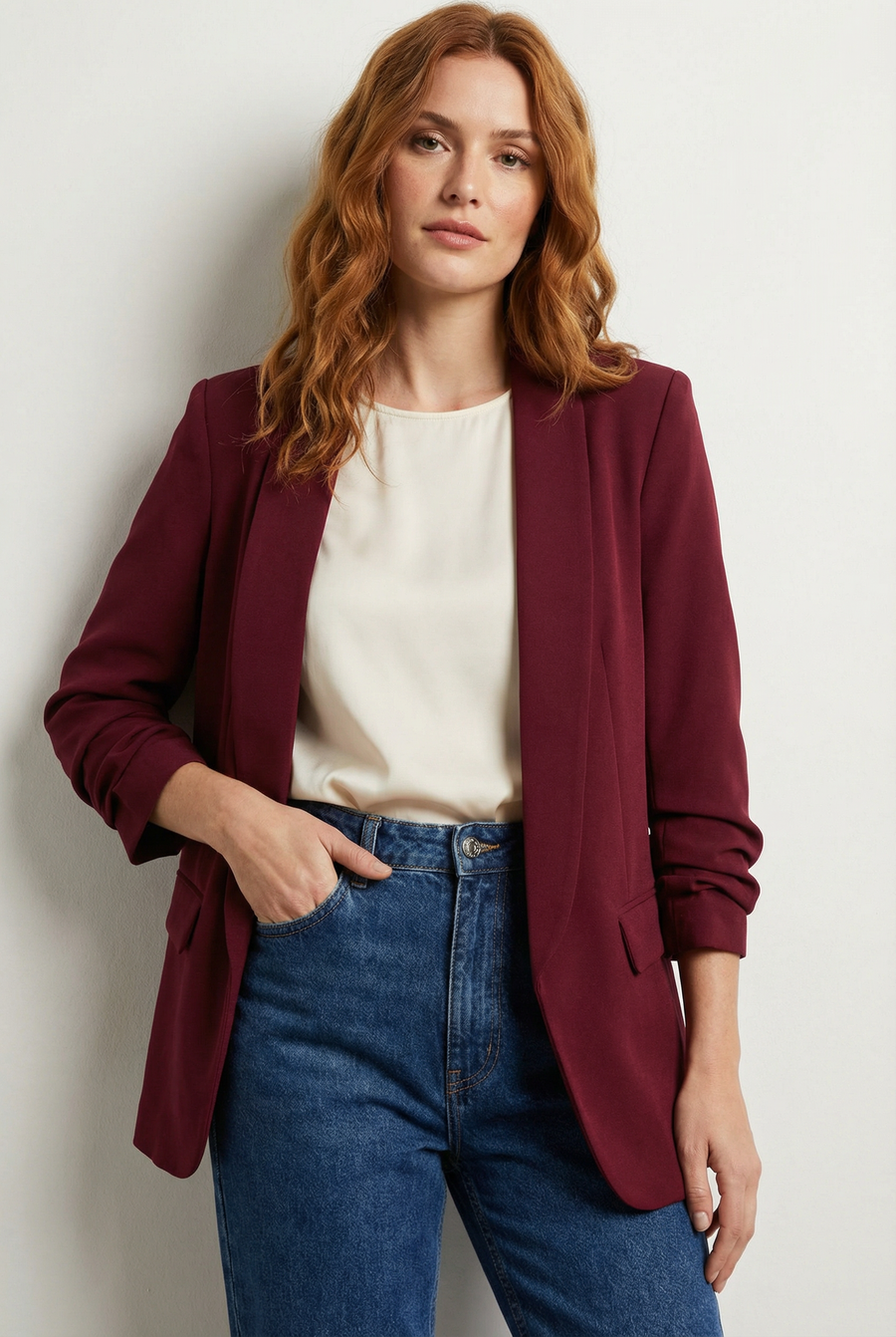 Blazer femme manches froncées élégant coupe droite structuré