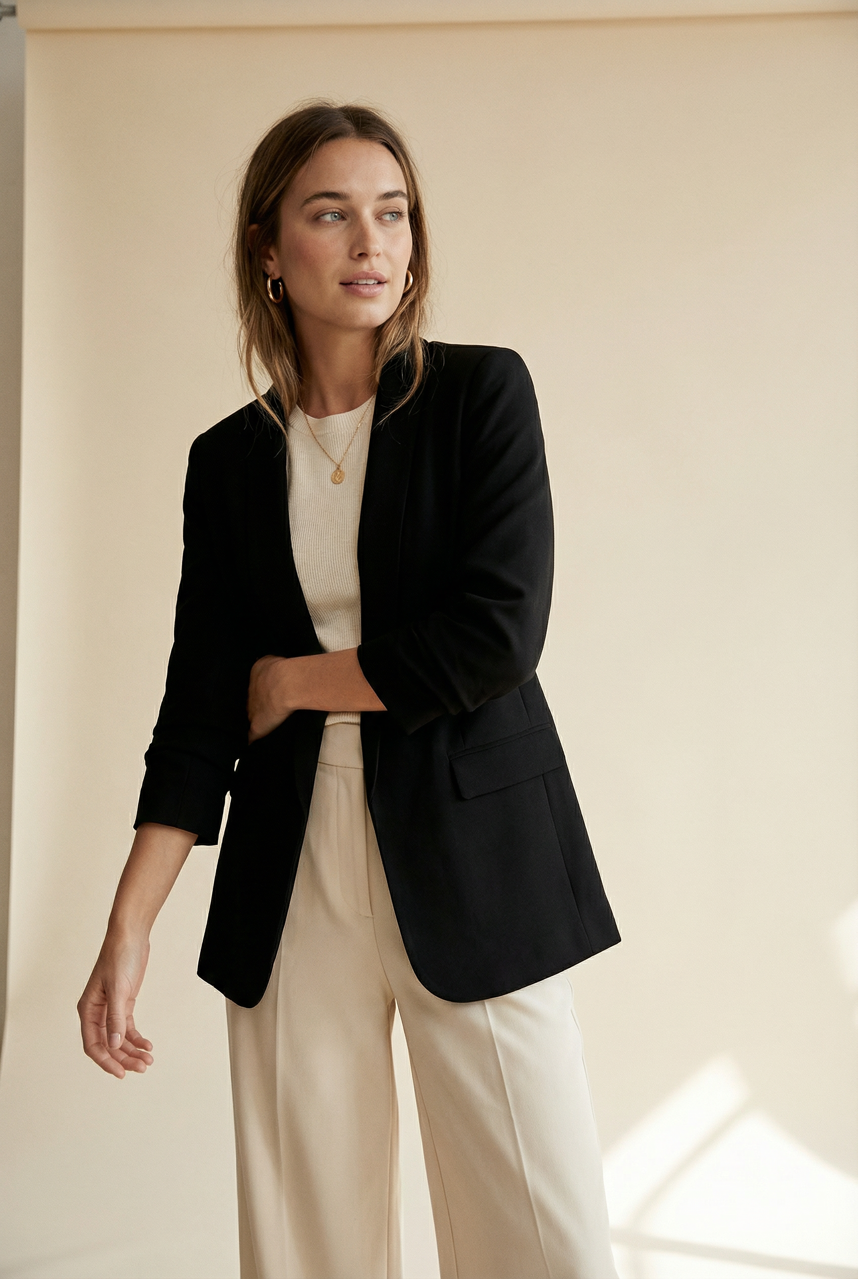 Blazer femme manches froncées élégant coupe droite structuré