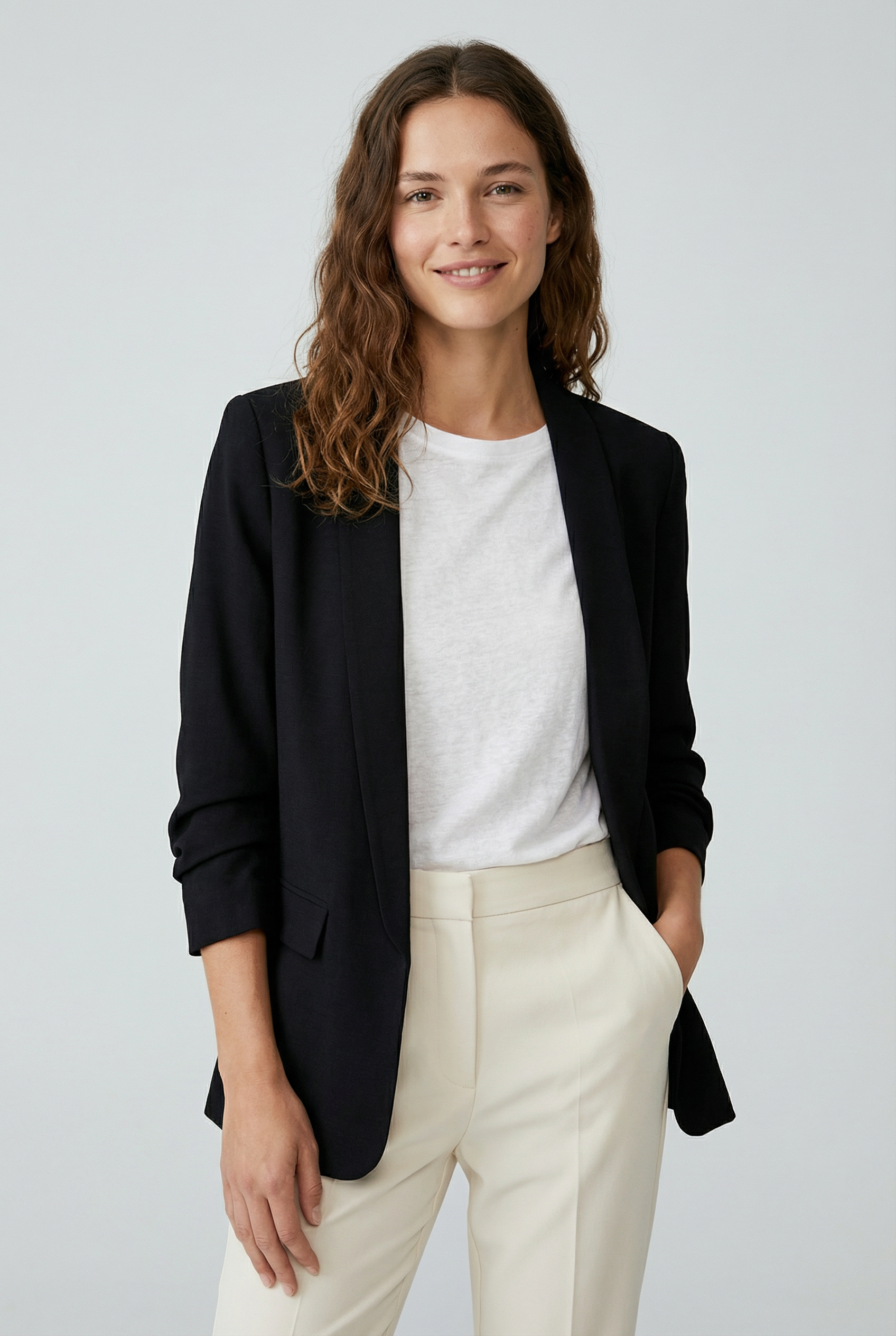 Blazer femme manches froncées élégant coupe droite structuré