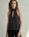 Blouse Femme Fluide Chic À Pois Blancs, Col Montant Noué