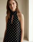 Blouse Femme Fluide Chic À Pois Blancs, Col Montant Noué