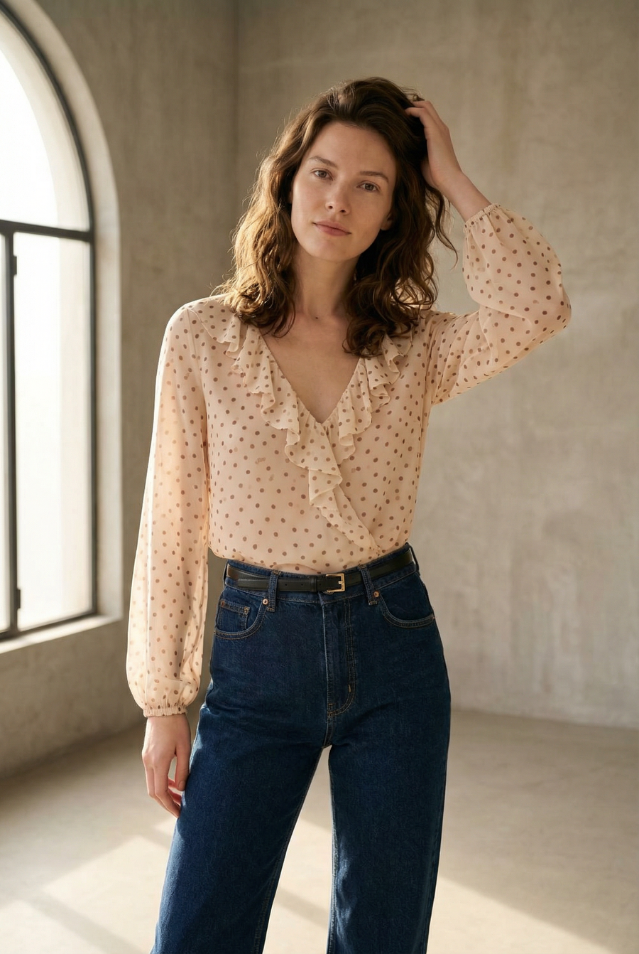 Blouse à volants pois écru avec jean