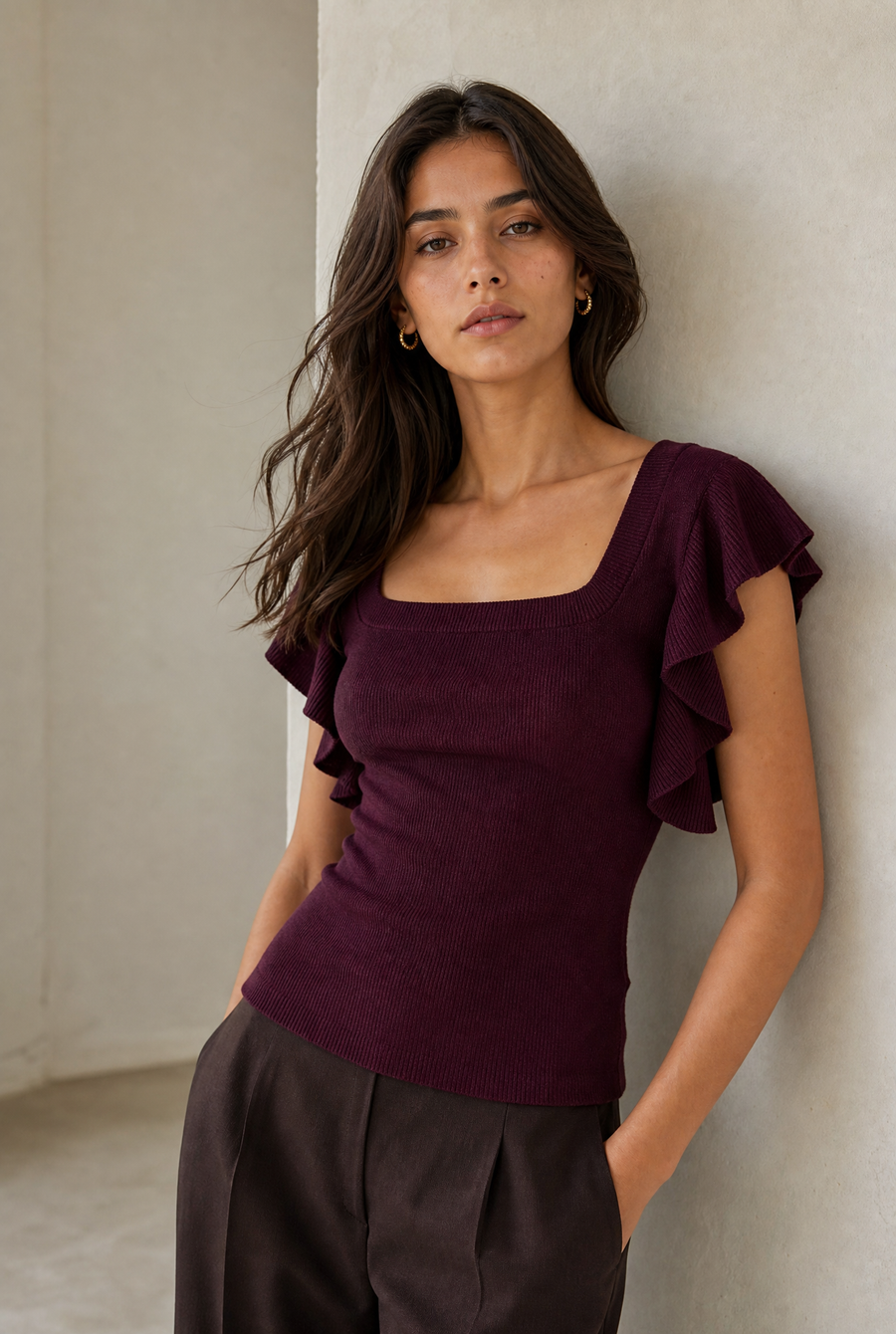 Blouse en maille col carré à volants