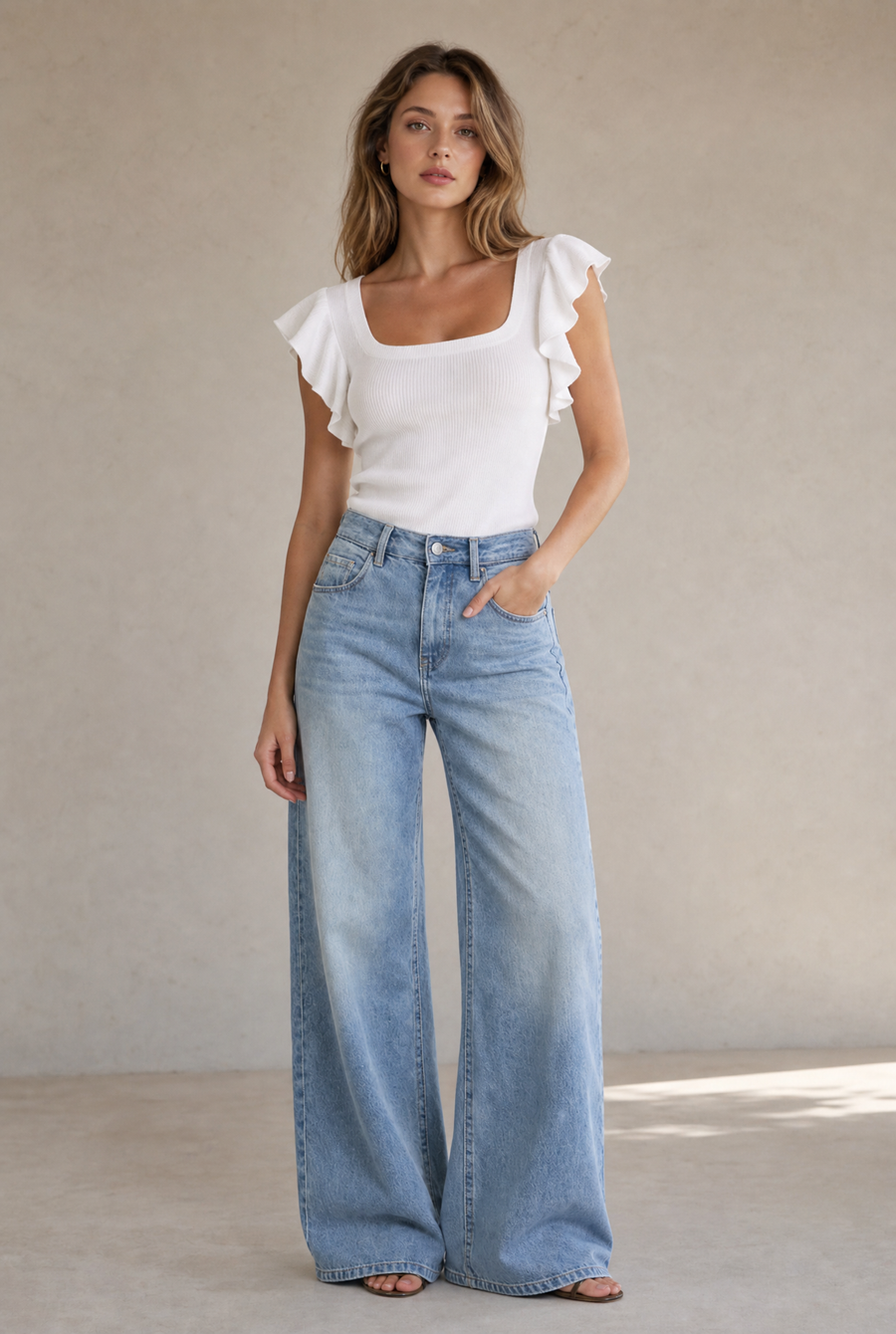 Blouse en maille col carré à volants