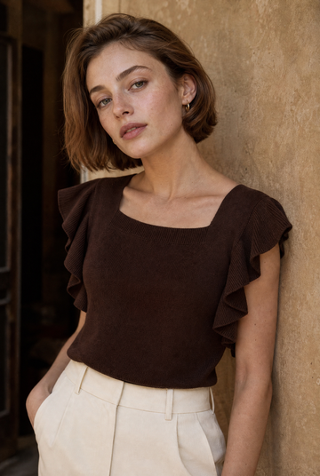 Blouse en maille col carré à volants