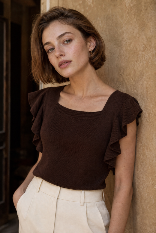 Blouse en maille col carré à volants