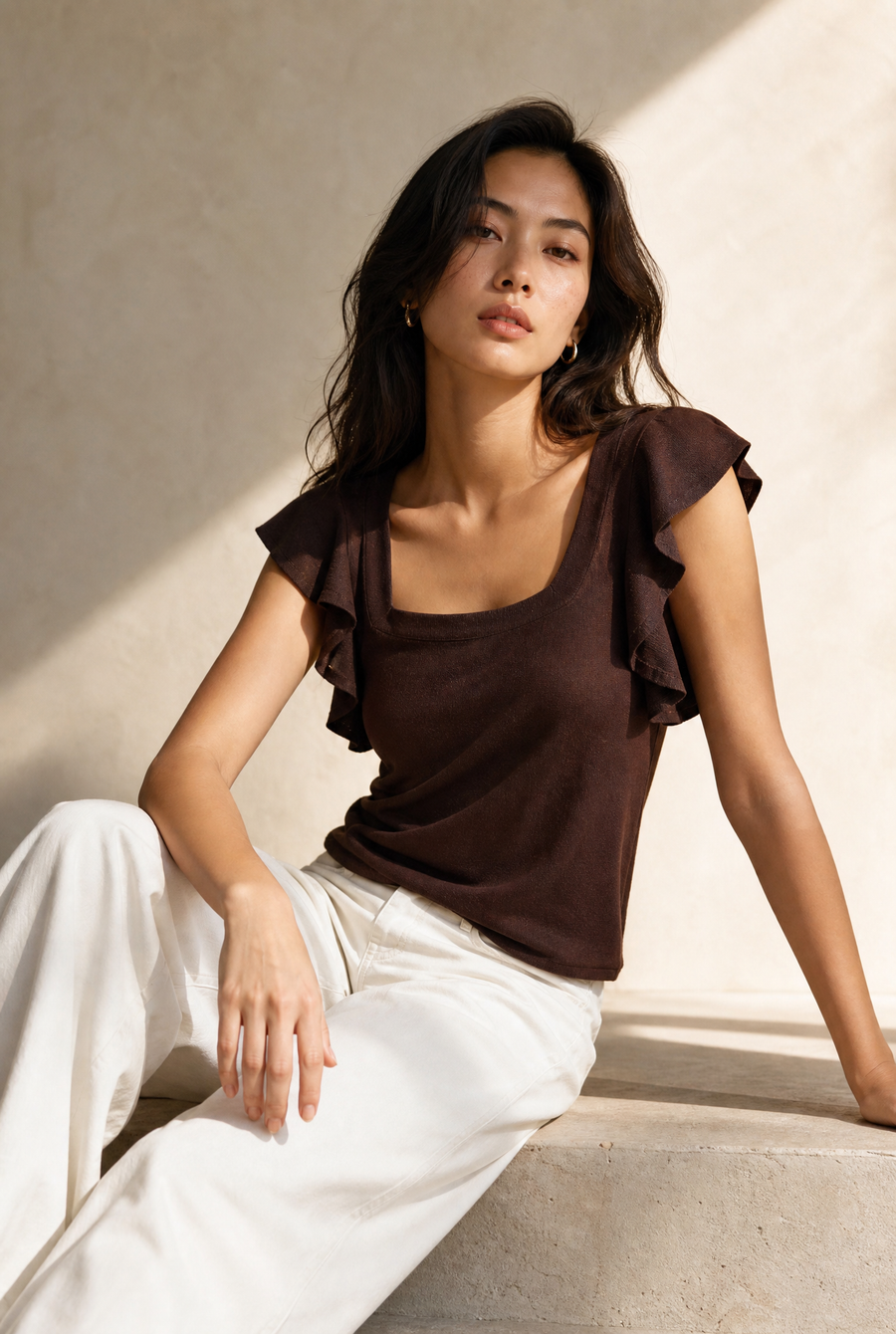 Blouse en maille col carré à volants