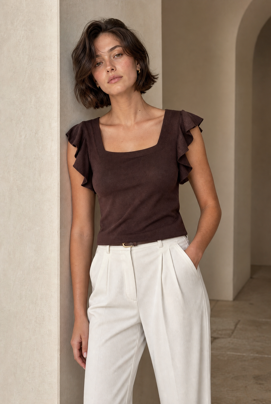 Blouse en maille col carré à volants