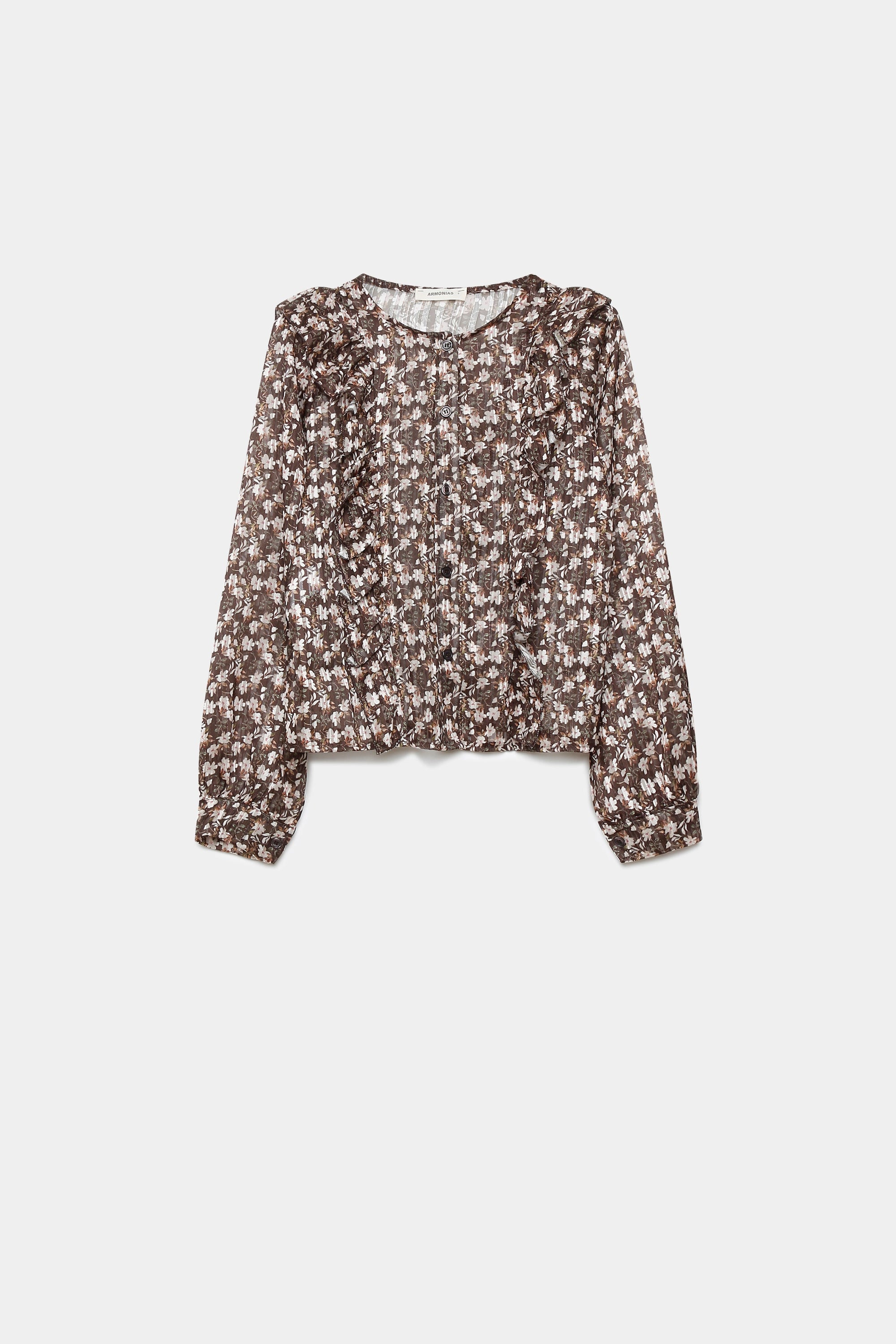 Blouse fluide imprimé floral brillante présentée sur fond blanc, soulignant le design élégant et les détails raffinés.