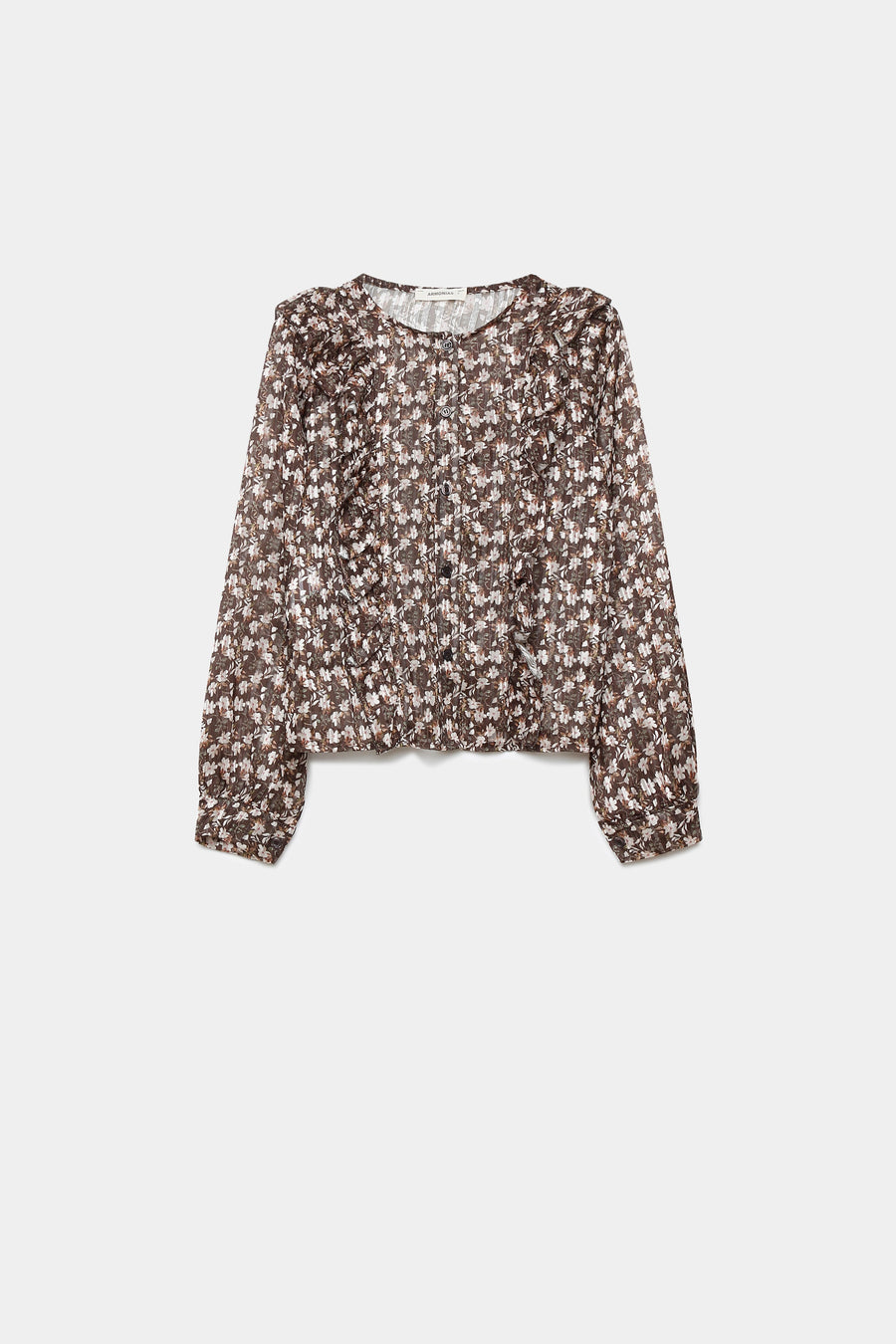 Blouse fluide imprimé floral brillante présentée sur fond blanc, soulignant le design élégant et les détails raffinés.