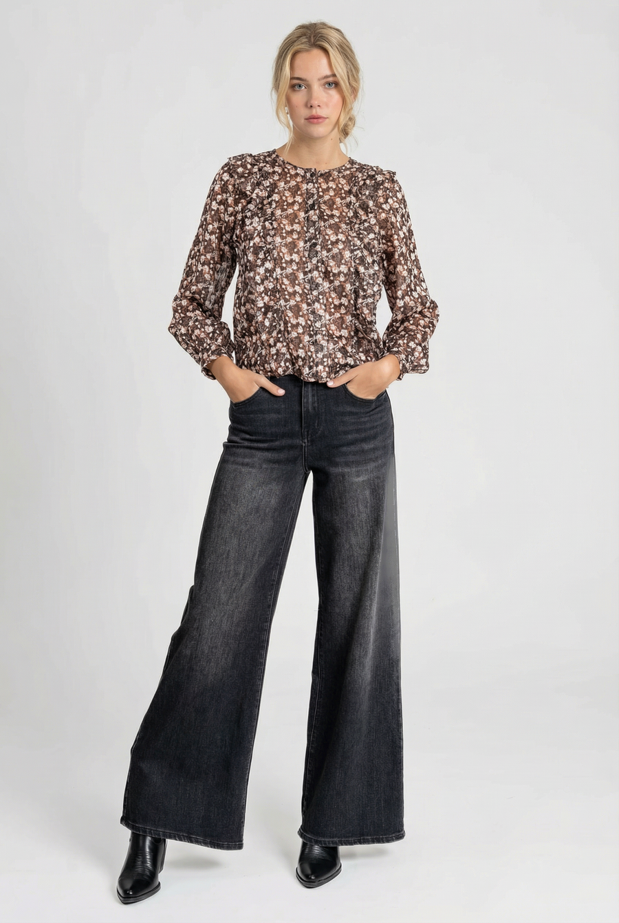 Blouse fluide imprimé floral – Manches longues à volants