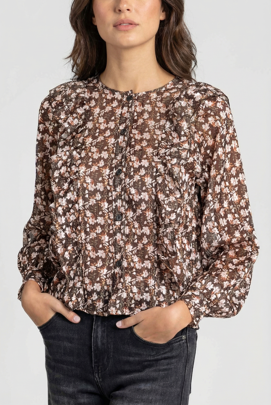 Blouse fluide imprimé floral – Manches longues à volants