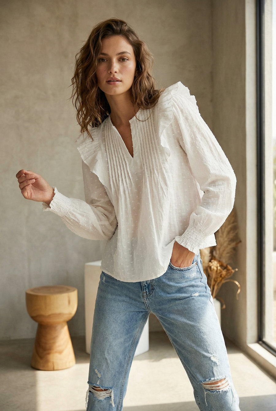 Blouse plumetis coton blanc femme – Manches longues – Style chic