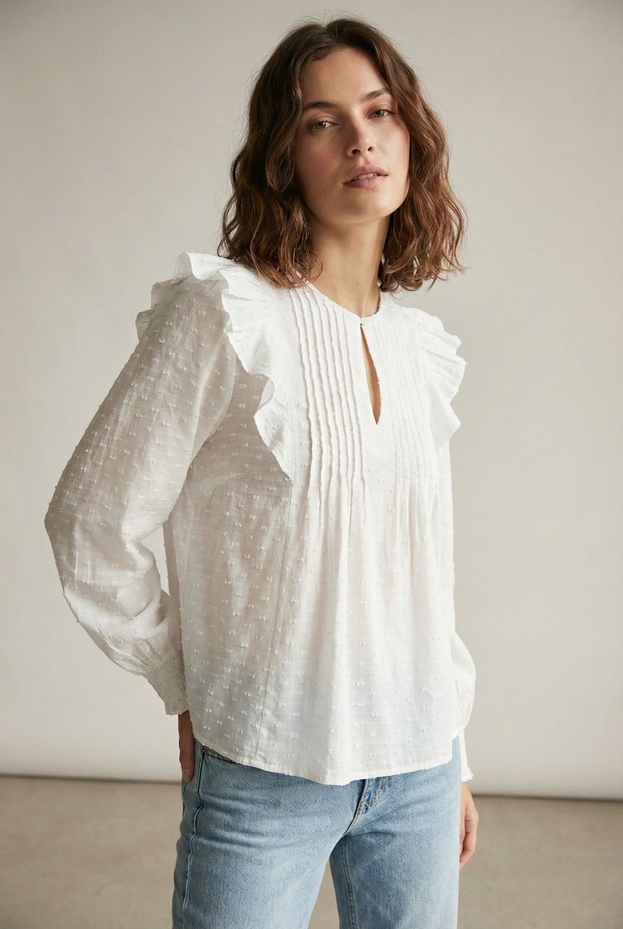 Blouse plumetis coton blanc femme – Manches longues – Style chic