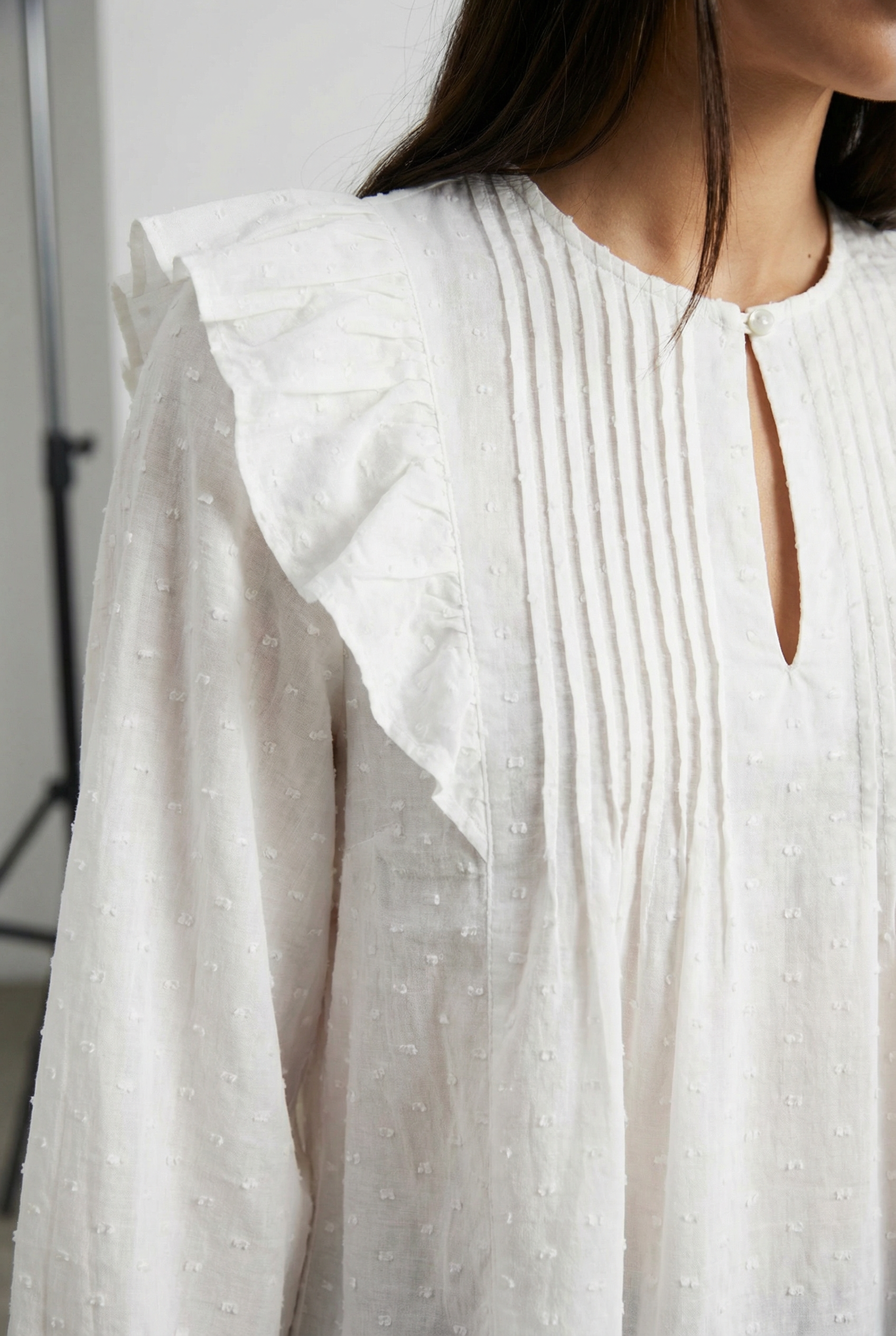 Blouse plumetis coton blanc femme – Manches longues – Style chic