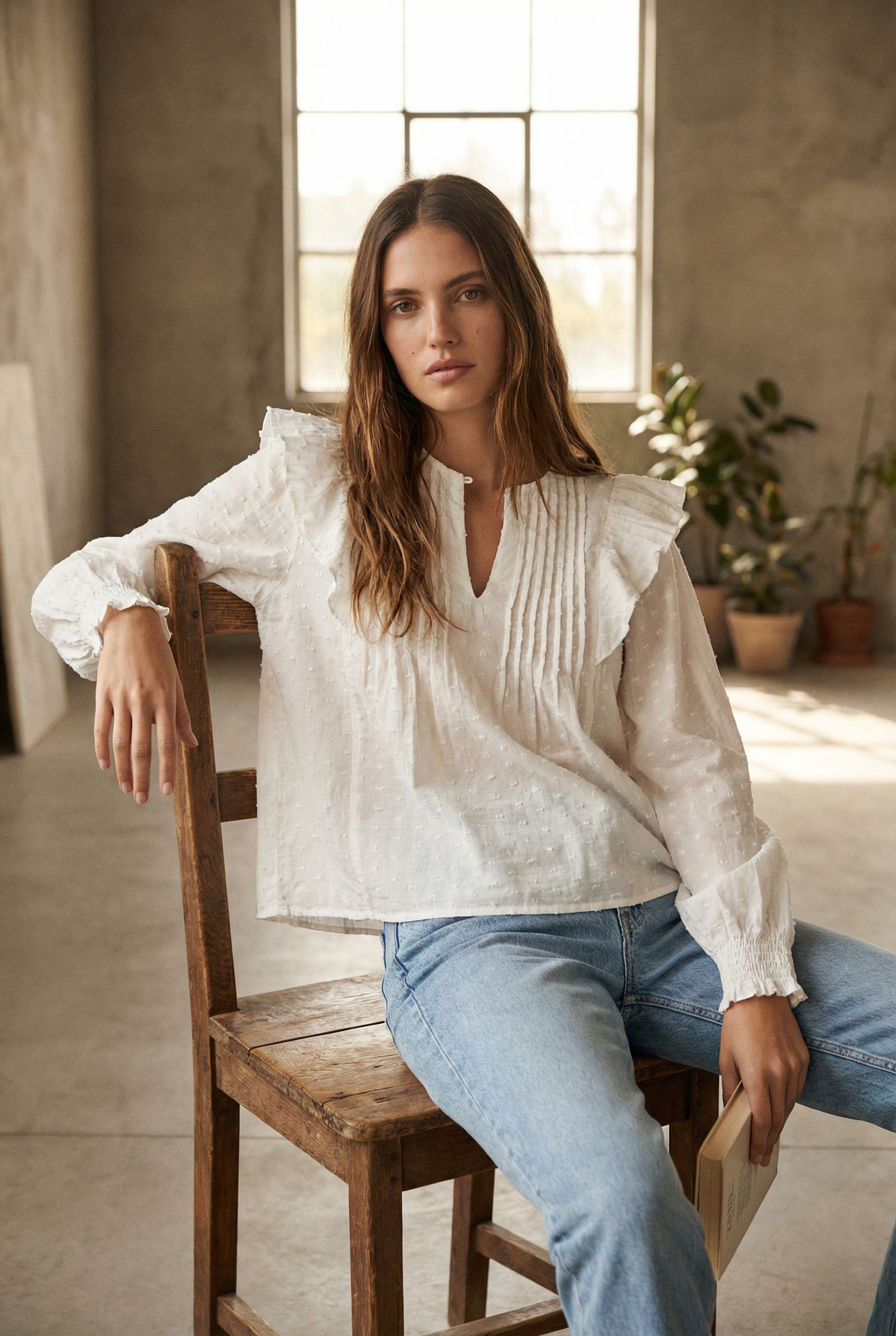 Blouse plumetis coton blanc femme – Manches longues – Style chic