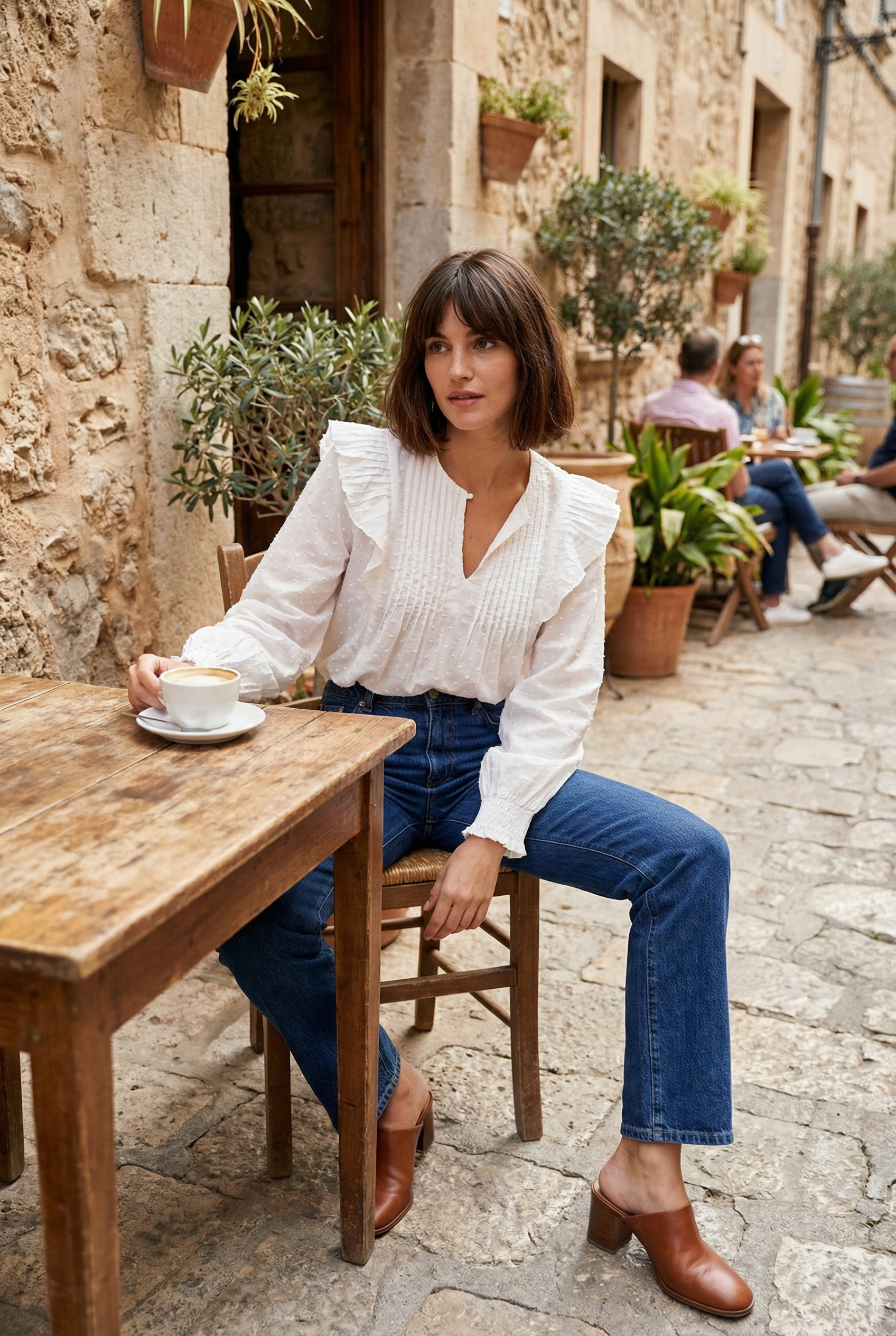 Blouse plumetis coton blanc femme – Manches longues – Style chic