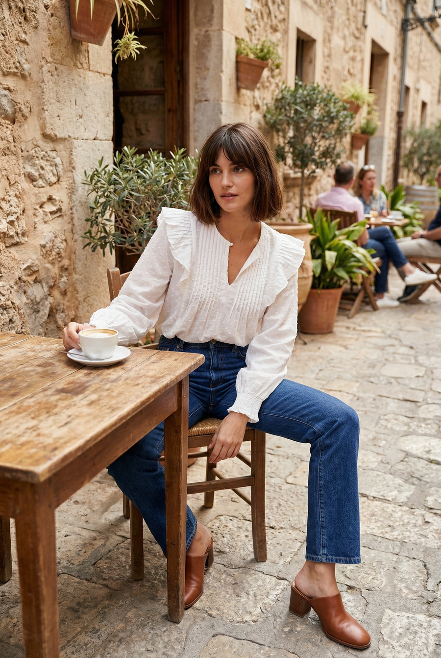 Blouse plumetis coton blanc femme – Manches longues – Style chic