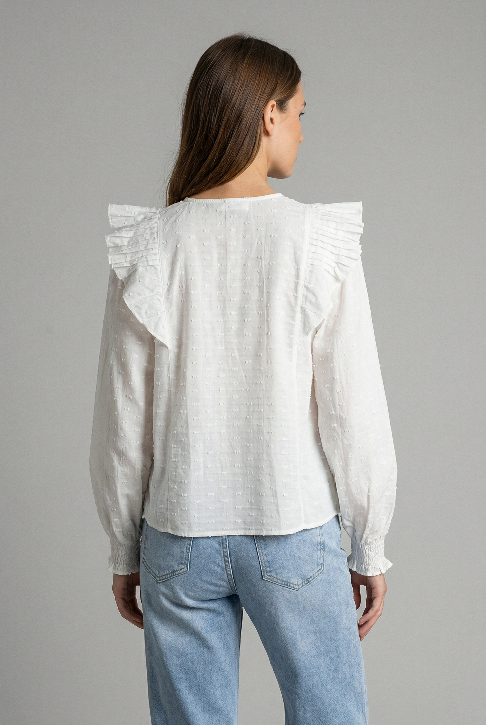 Blouse plumetis coton blanc femme – Manches longues – Style chic