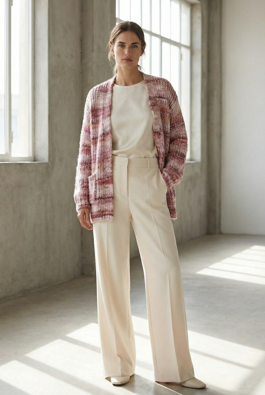 Cardigan court femme en maille – Ouvert à poches – Laine mélangée vue principale