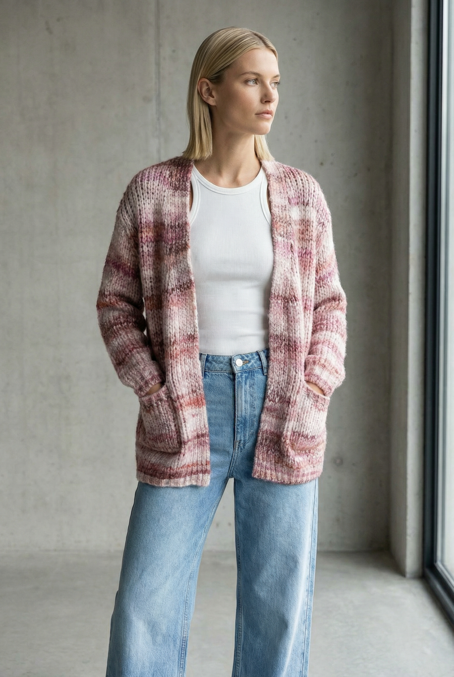 Cardigan court femme en maille – Ouvert à poches – Laine mélangée détail du produit