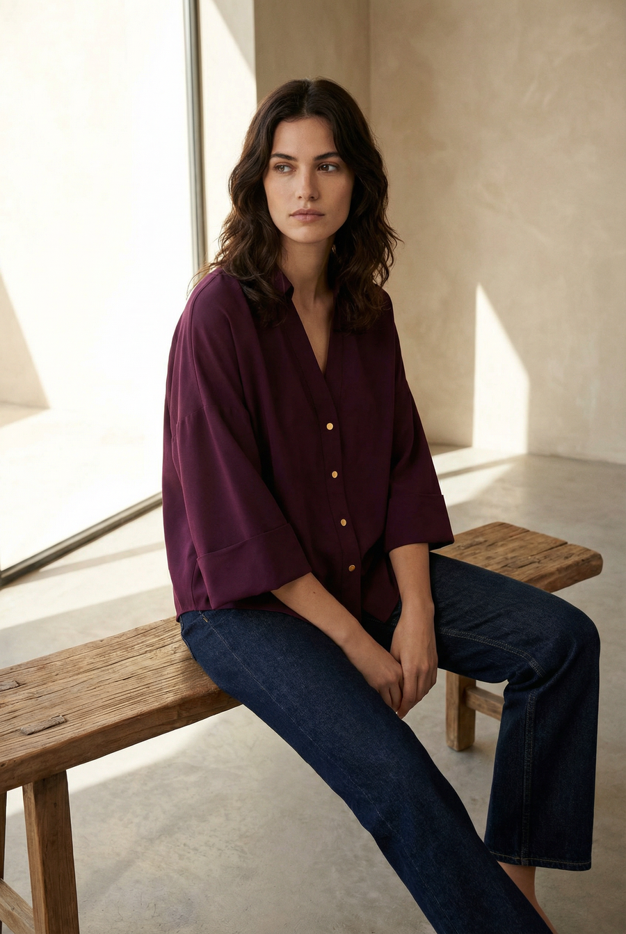 Chemise Bordeaux Femme Chic À Boutons Dorés