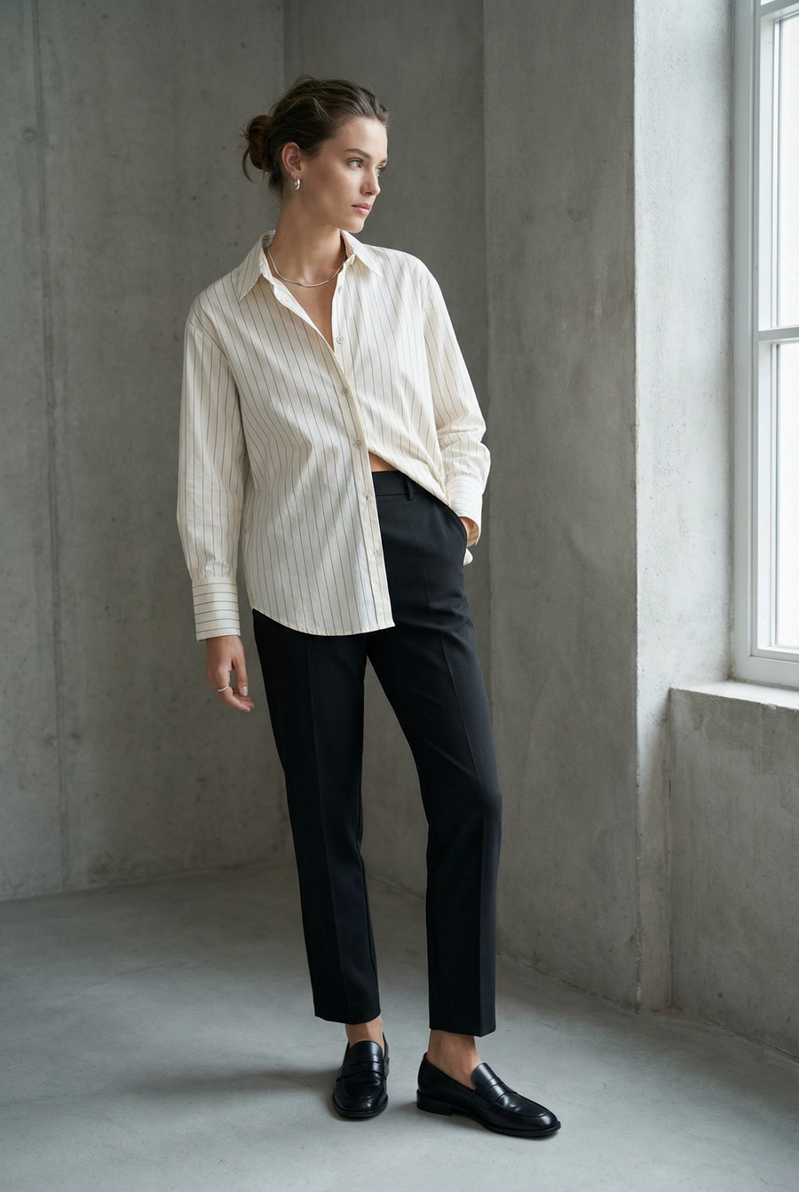 Chemise ample à rayures blanc beige vue de profil