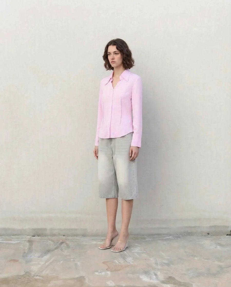Chemise cintrée rose pastel manches longues vue 7