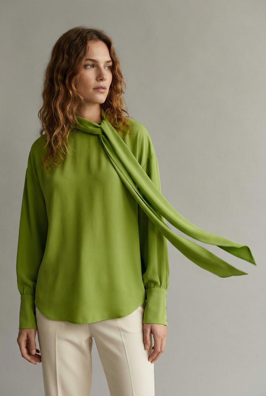 Chemise col lavallière verte manches longues vue principale