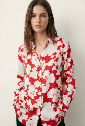 Chemise fleurie oversize rouge et blanc cassé