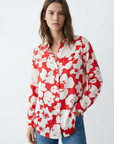 Camisa de satén floral roja y blanca para mujer: elegancia y comodidad para todas las ocasiones.