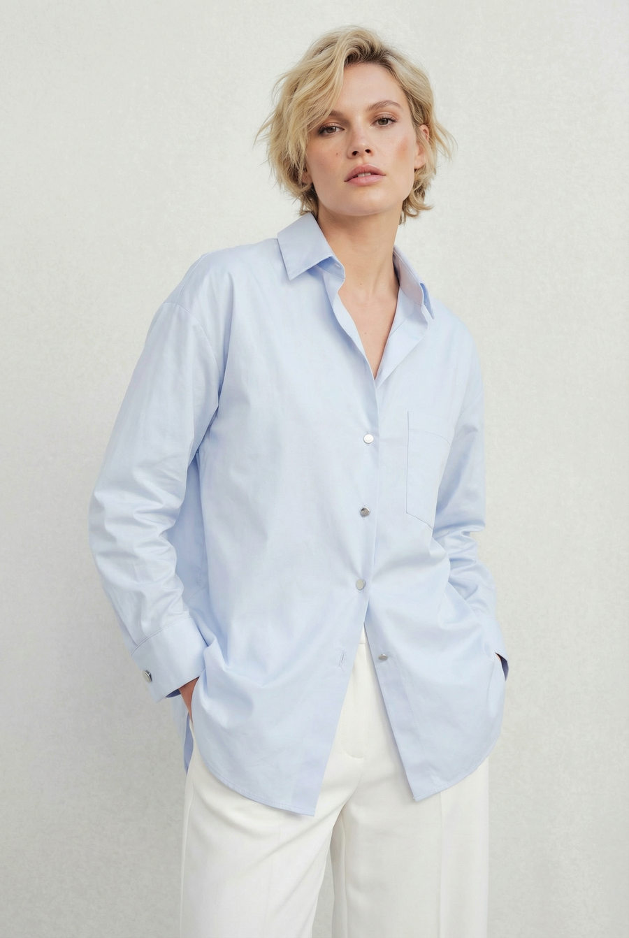 Chemise oversize popeline bleu ciel femme manches longues détail du produit