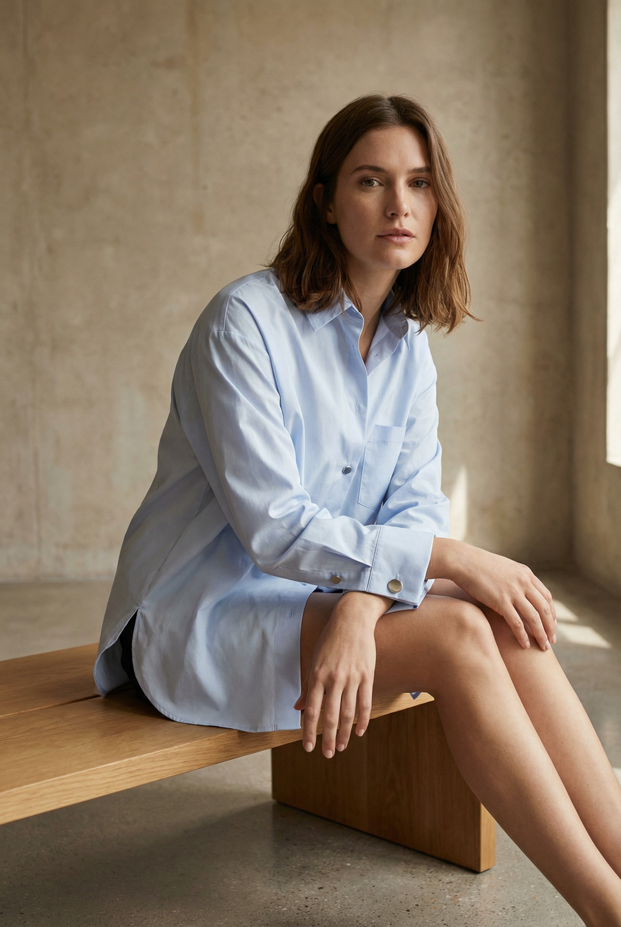 Chemise oversize popeline bleu ciel femme manches longues vue 6