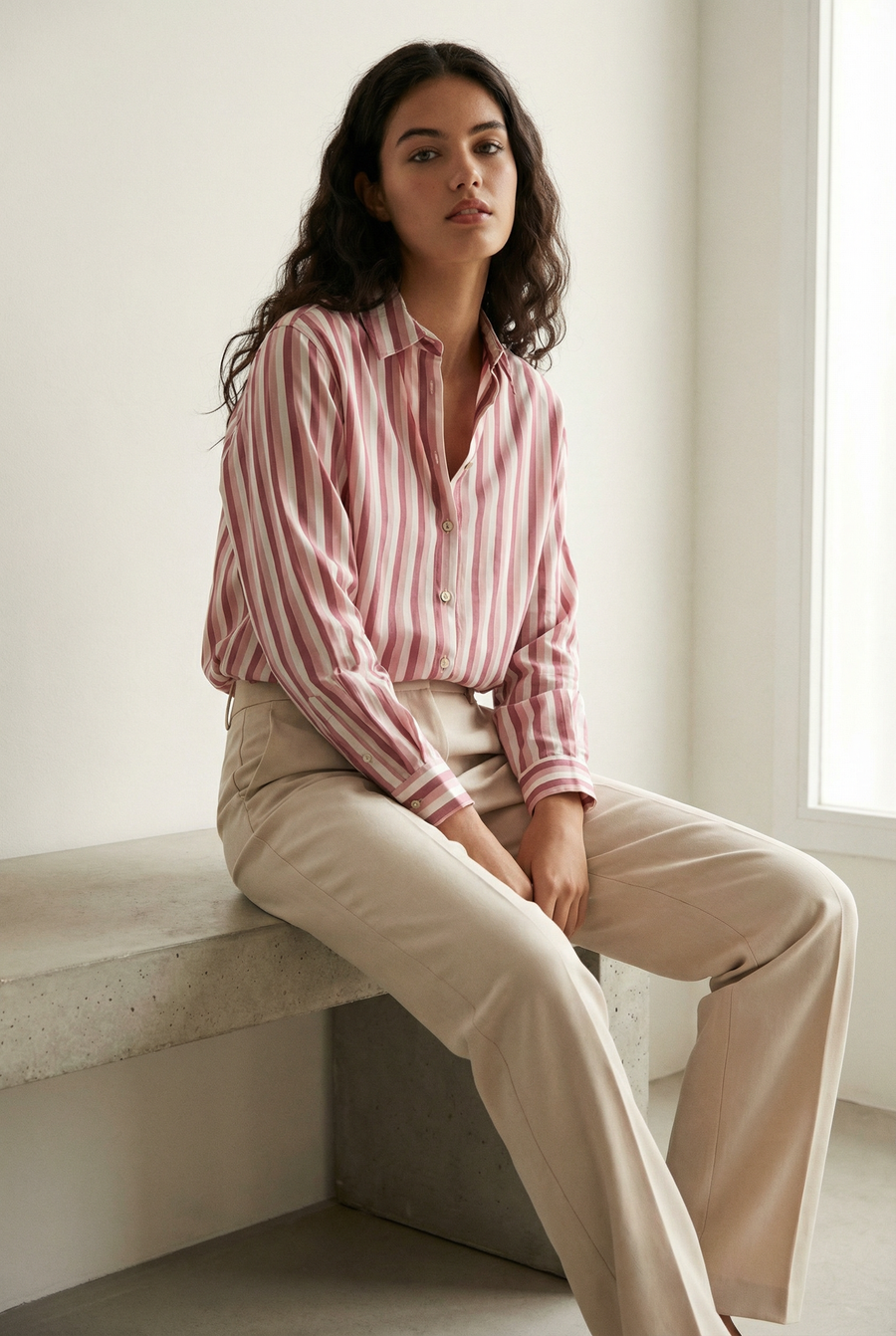 Chemise satinée à rayures écru et rose vue de profil