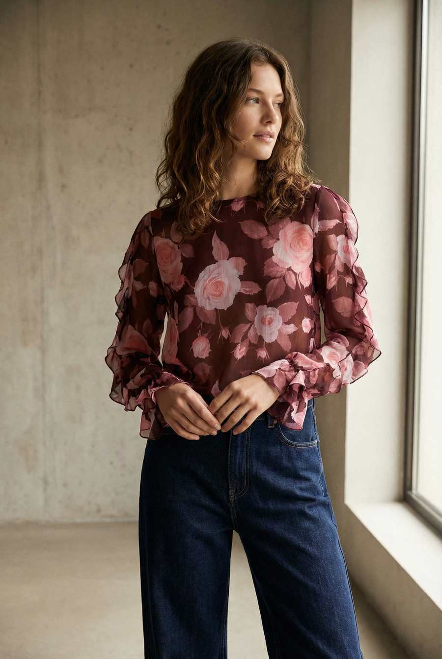Chemisier Fleuri Femme Chic À Volants Imprimé, Élégance Confort Pour Toutes Occasions vue de profil