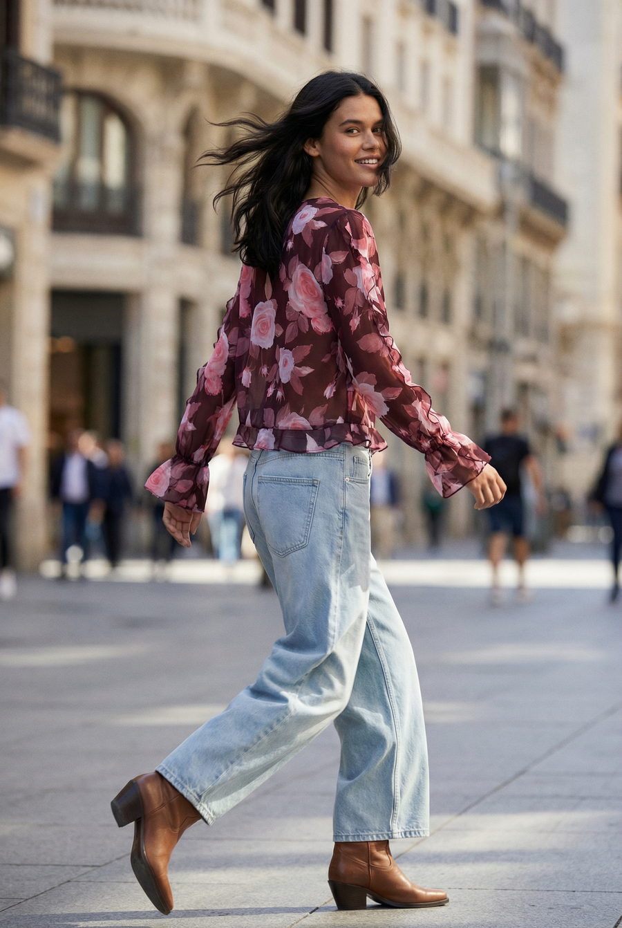 Chemisier Fleuri Femme Chic À Volants Imprimé, Élégance Confort Pour Toutes Occasions vue portée