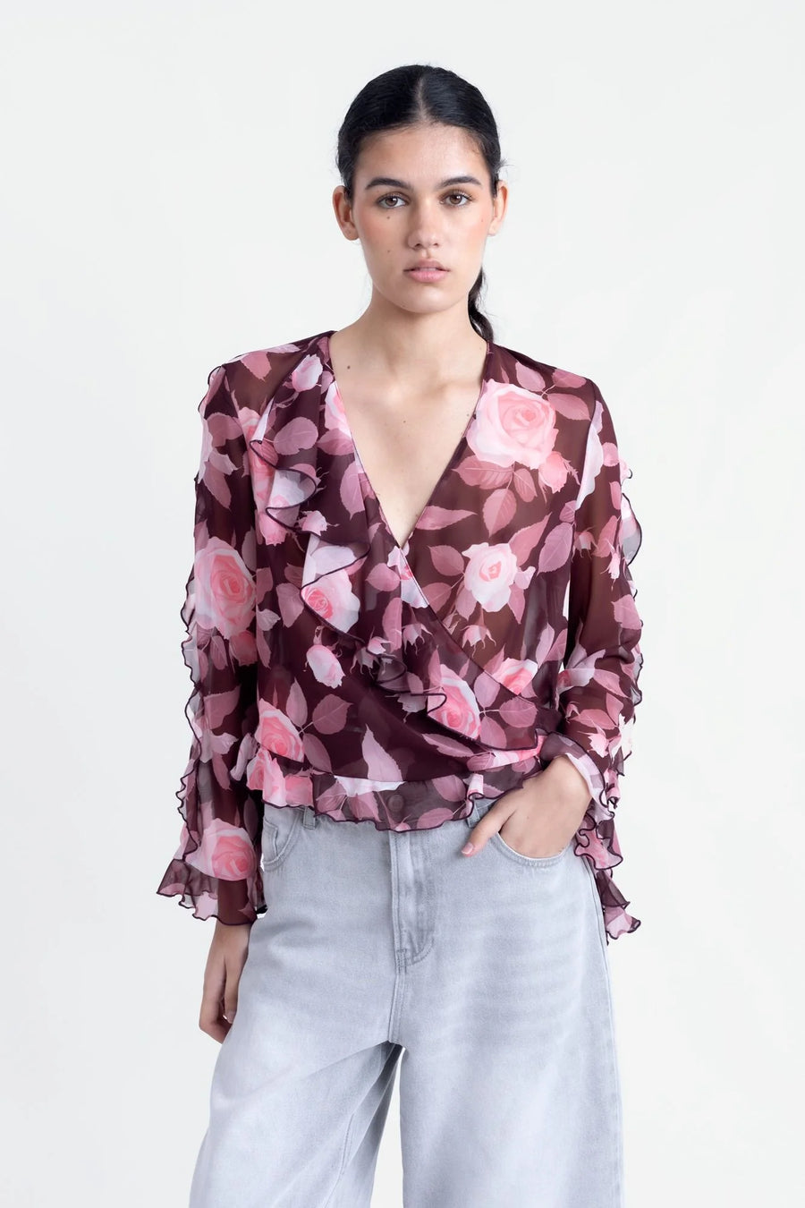 Chemisier Fleuri Femme Chic À Volants Imprimé, Élégance Confort Pour Toutes Occasions look complet