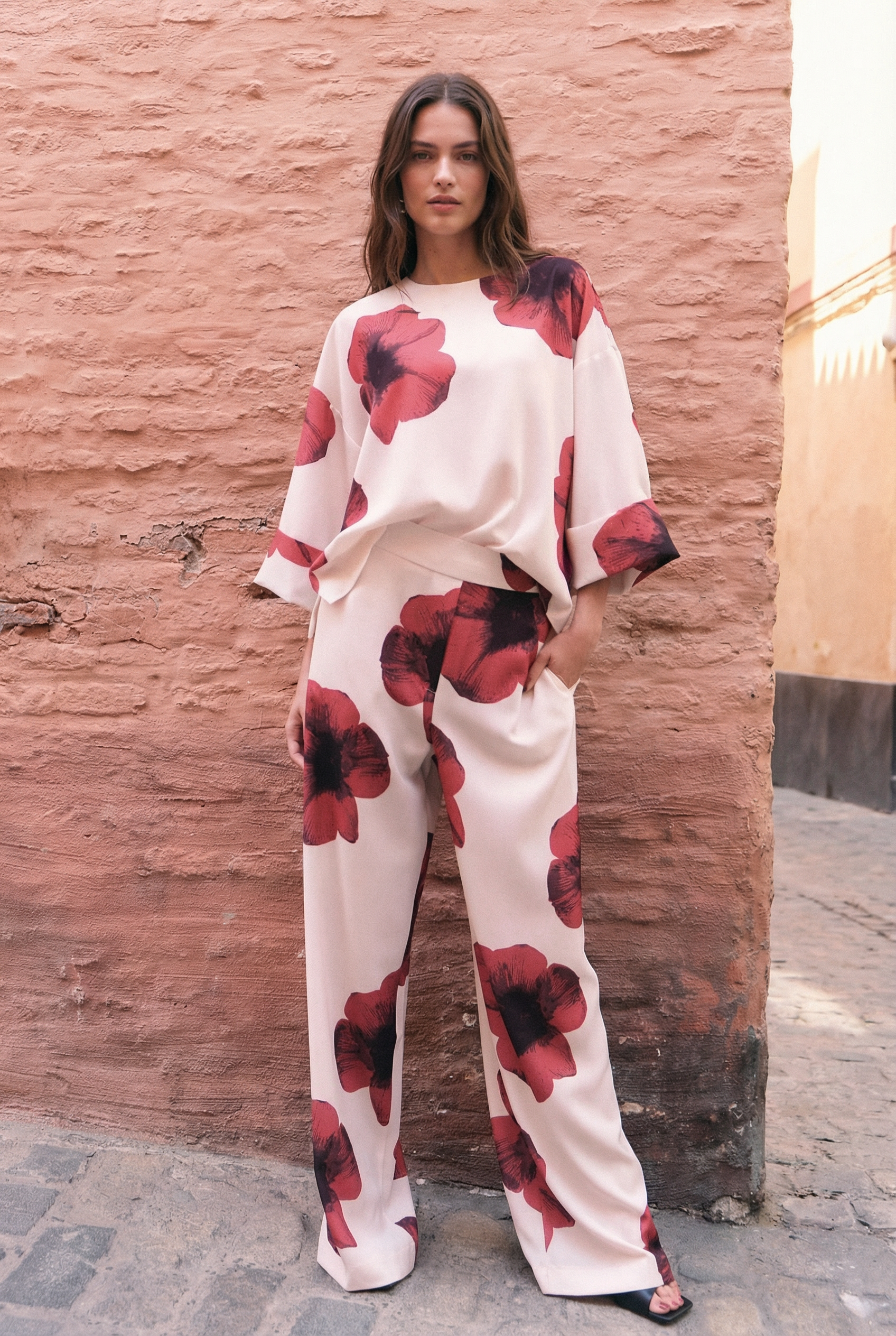 Chemisier Tendance Rouge Fleurie À Manches 3/4
