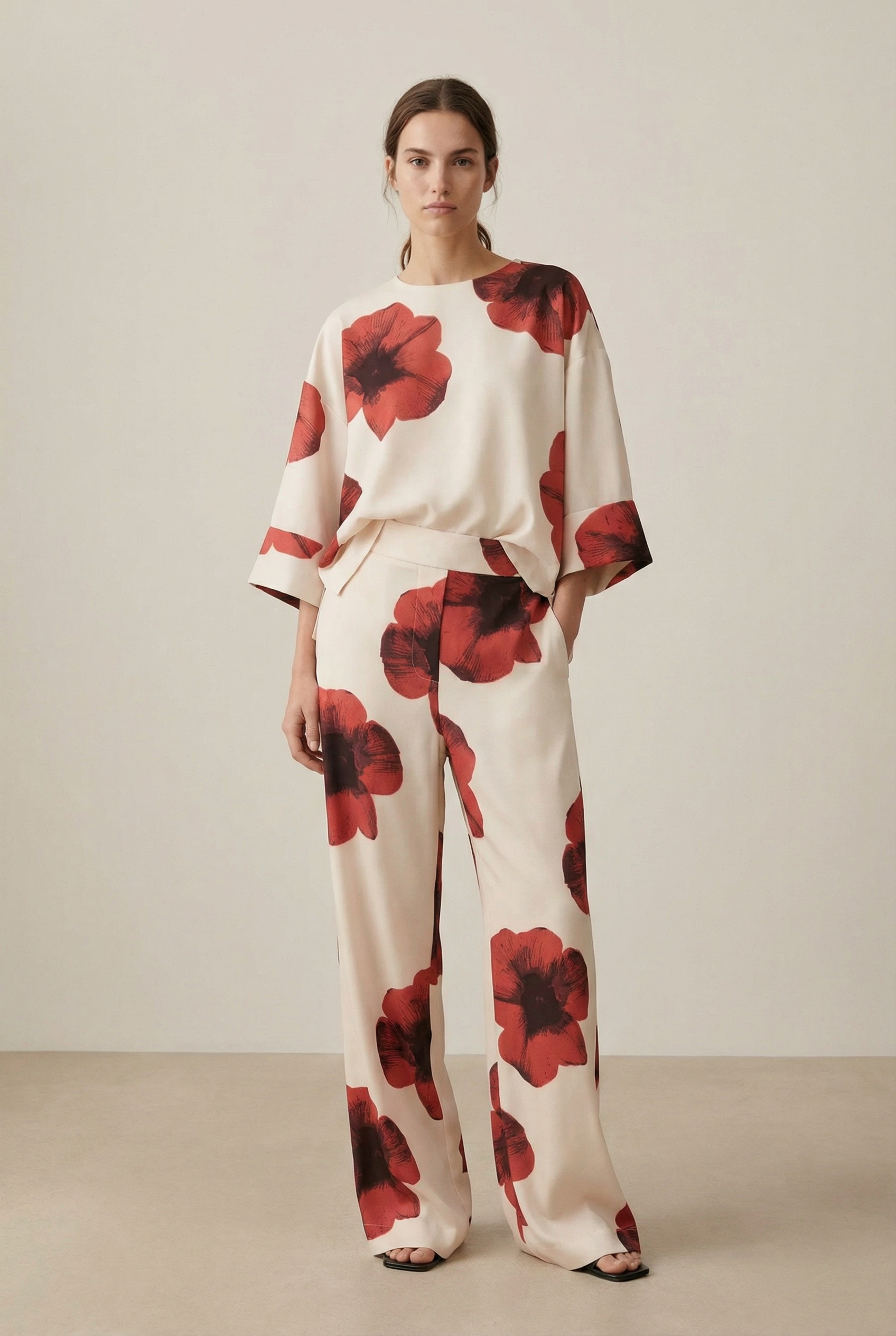 Chemisier Tendance Rouge Fleurie À Manches 3/4